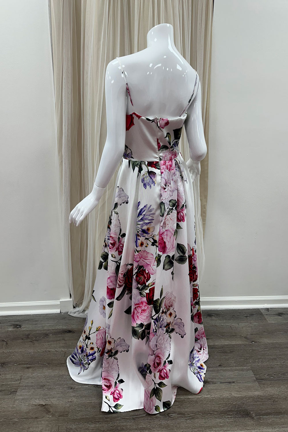 Alina Floral Print Evening Gown in White
