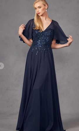 Maeve Flatter Sleeve Chiffon Evening Dress in Navy Blue