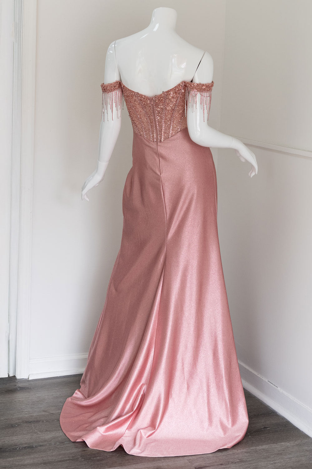 Beaded Bodice Off Shoulder Evening Gown in Rose Gold