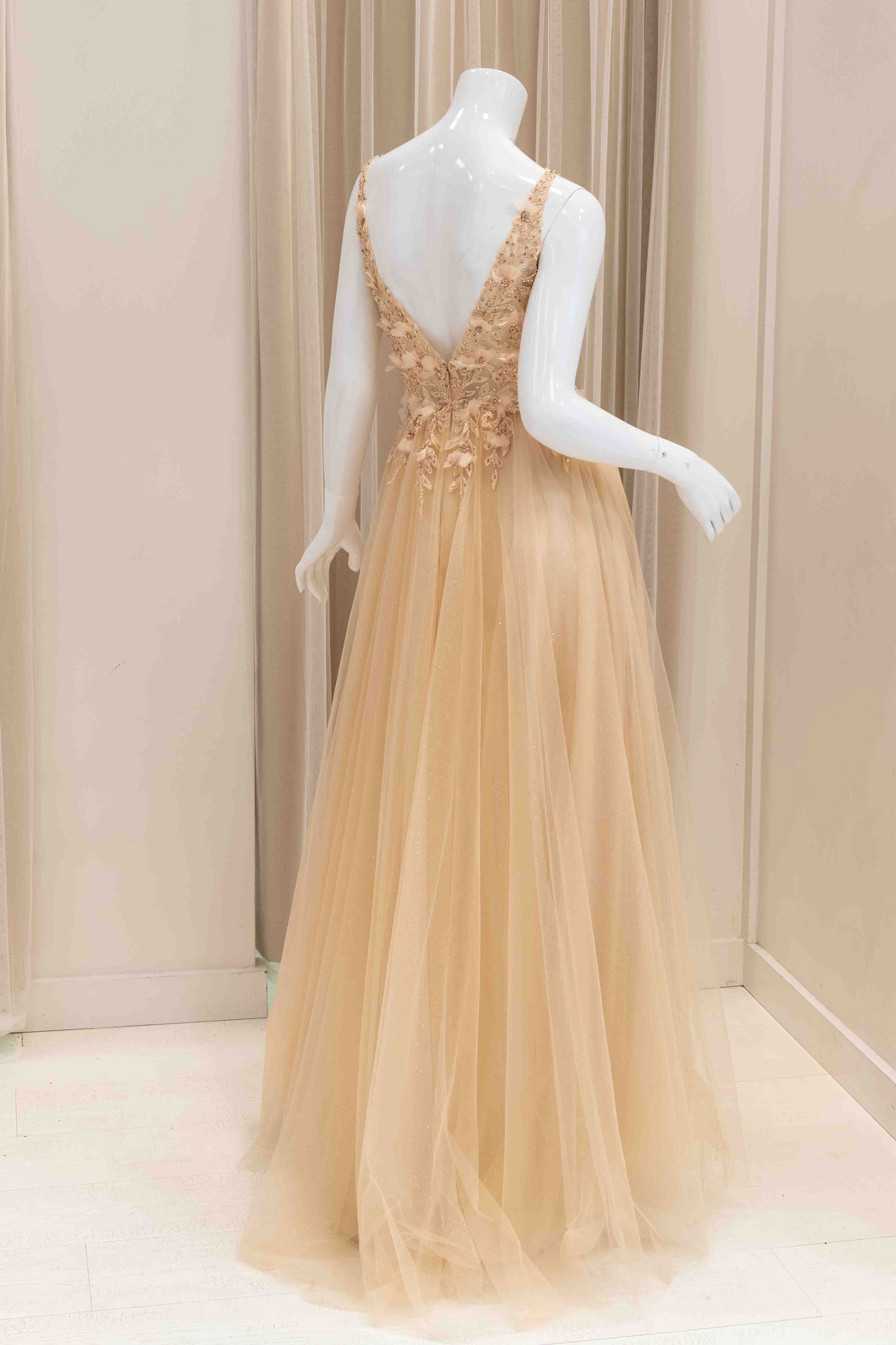 Aura 3D Flower Bodice Ball Gown in Champagne