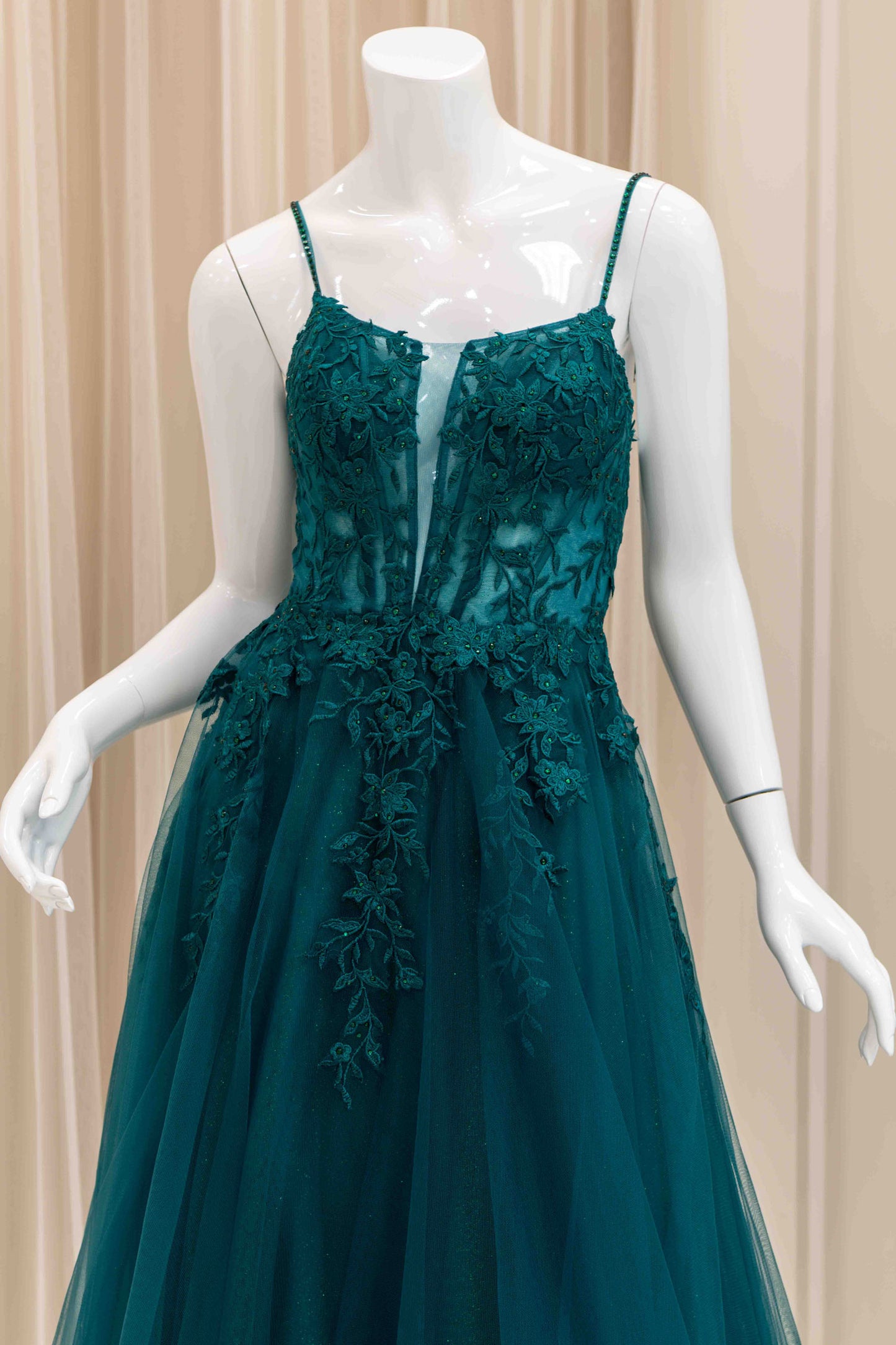 Darina Floral Applique Spaghetti Strap Ball Gown in Green