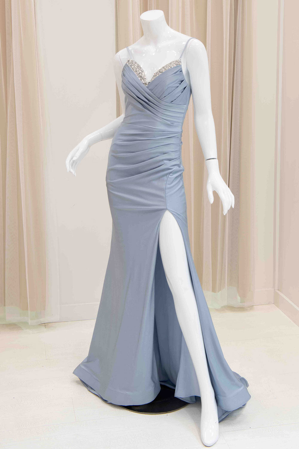 Garcelle Satin Evening Dress in Slate Blue