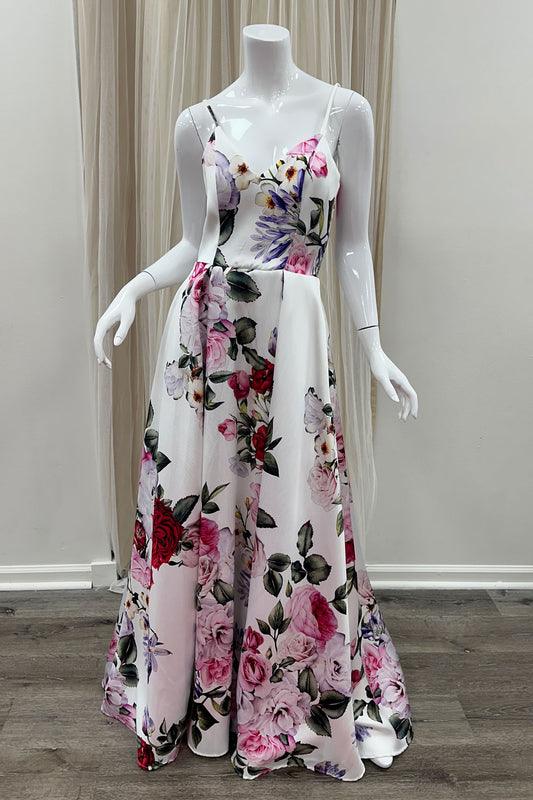 Alina Floral Print Evening Gown in White