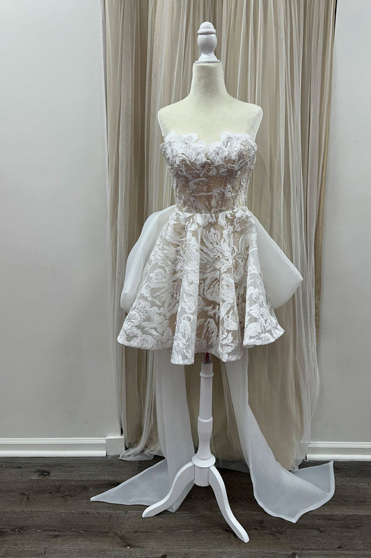 Ariana Strapless Fit and Flare Dress with Bow in White/Nude