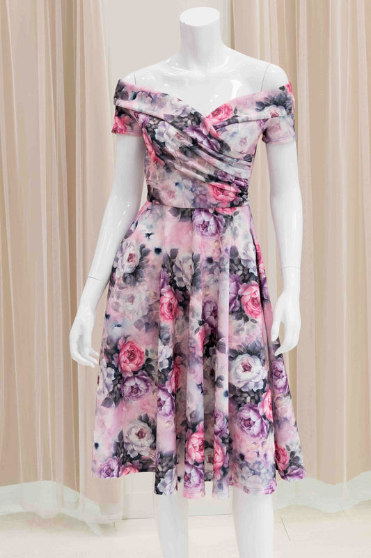 Off Shoulder Floral Fit and Flare Dress with Pockets
