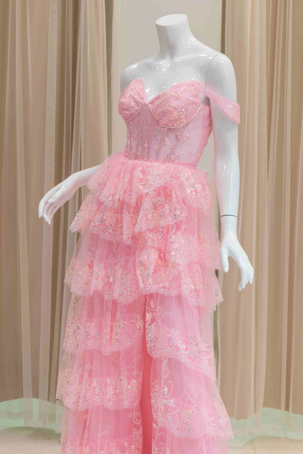 Pink Tiered Skirt Off Shoulder Ball Gown