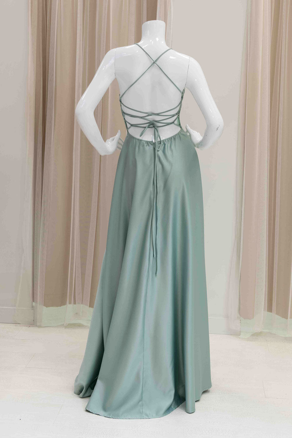 Elegant Satin Evening Gown in Sage Green