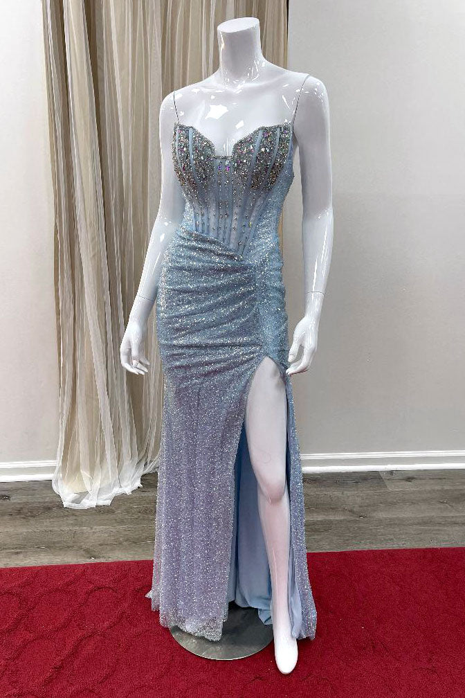 Claret Sequin Evening Gown in Light Blue
