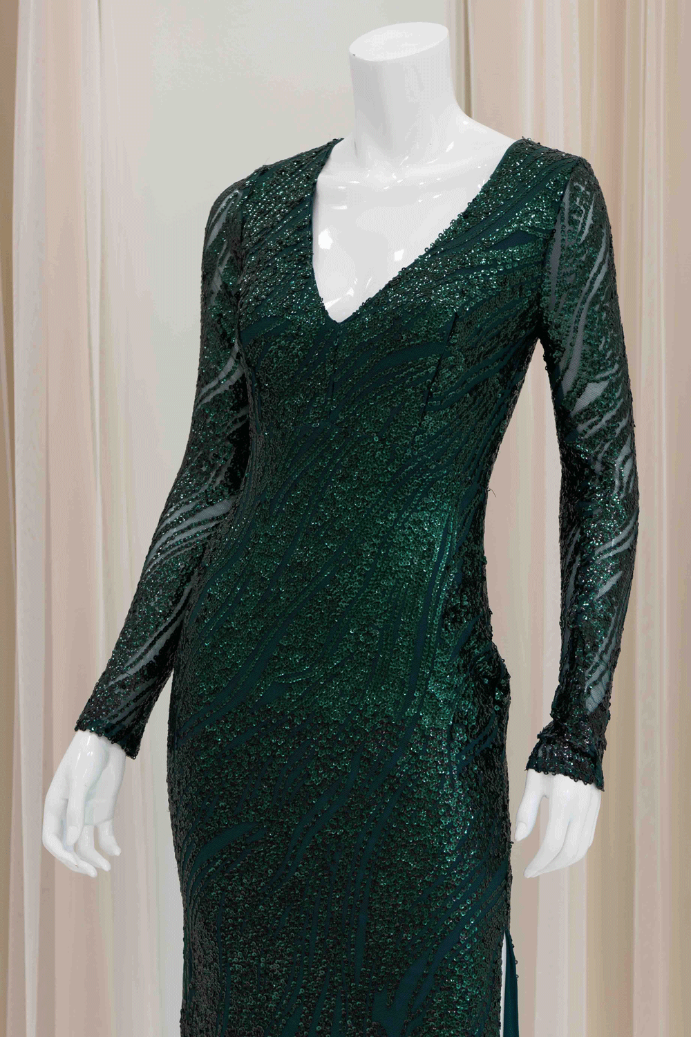 Long Sleeve Sequin Evening Gown  for  Wedding Guest