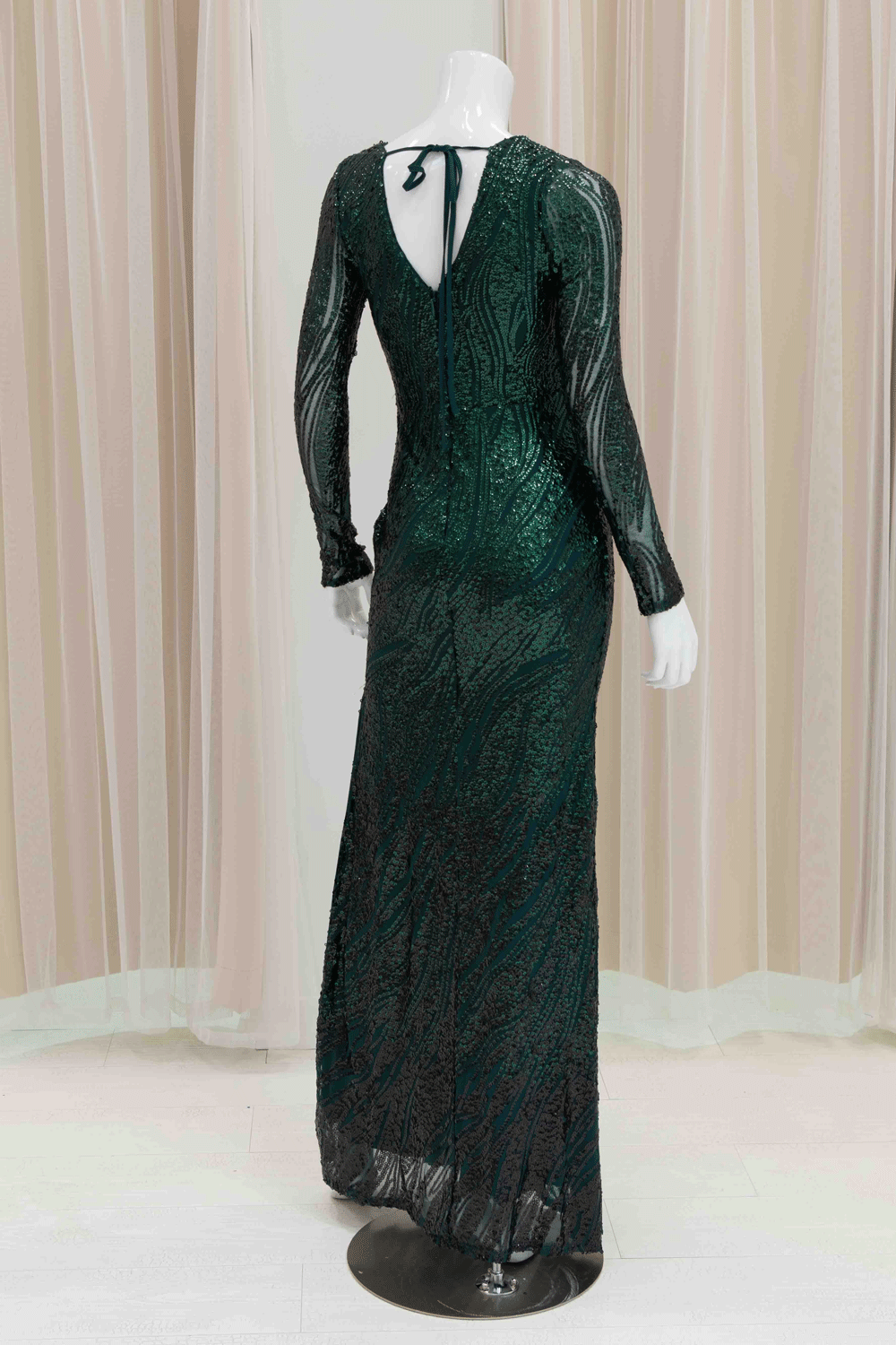 Long Sleeve  Sequin Green Evening Gown
