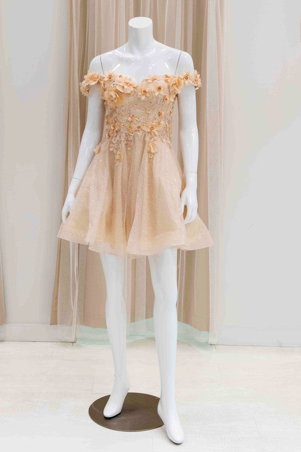 Champagne Off Shoulder 3D Flowers Short Sweet 16 Dress