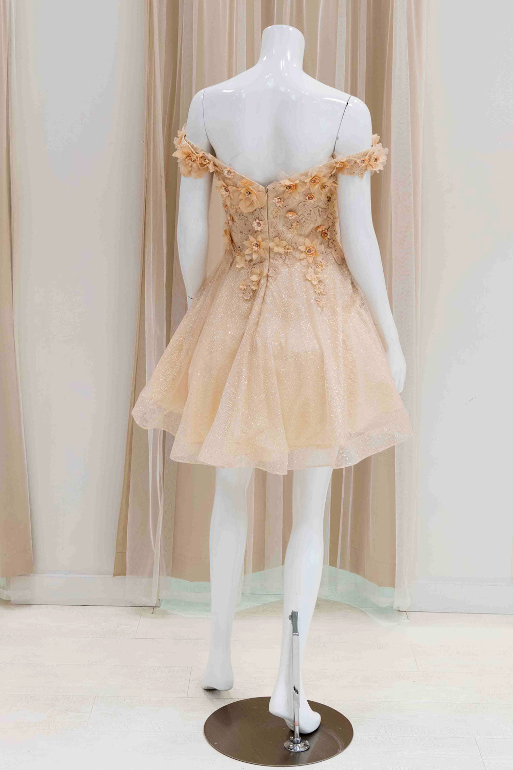 Champagne Off Shoulder 3D Flowers Short 8th Grade Dance Dress
