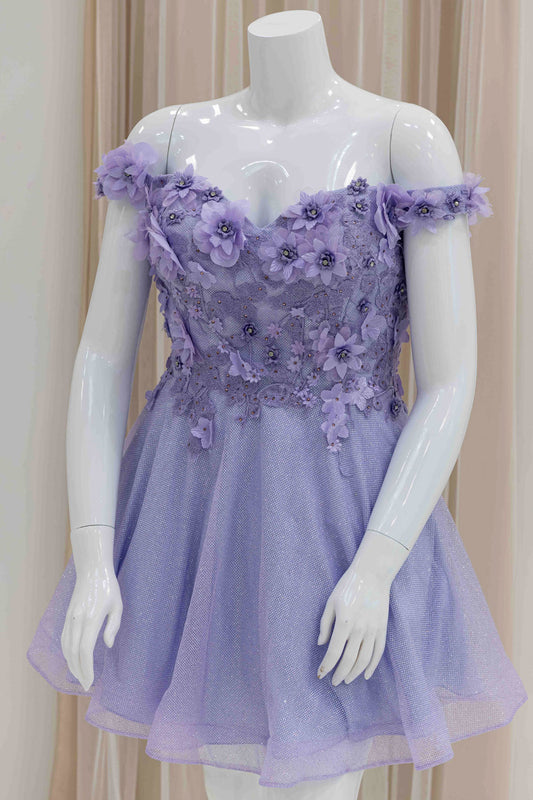 Off Shoulder Glitter 3D Flower Fit and Flare Dress