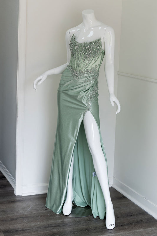 Strapless Corset Evening Gown with Slit in Sage Green