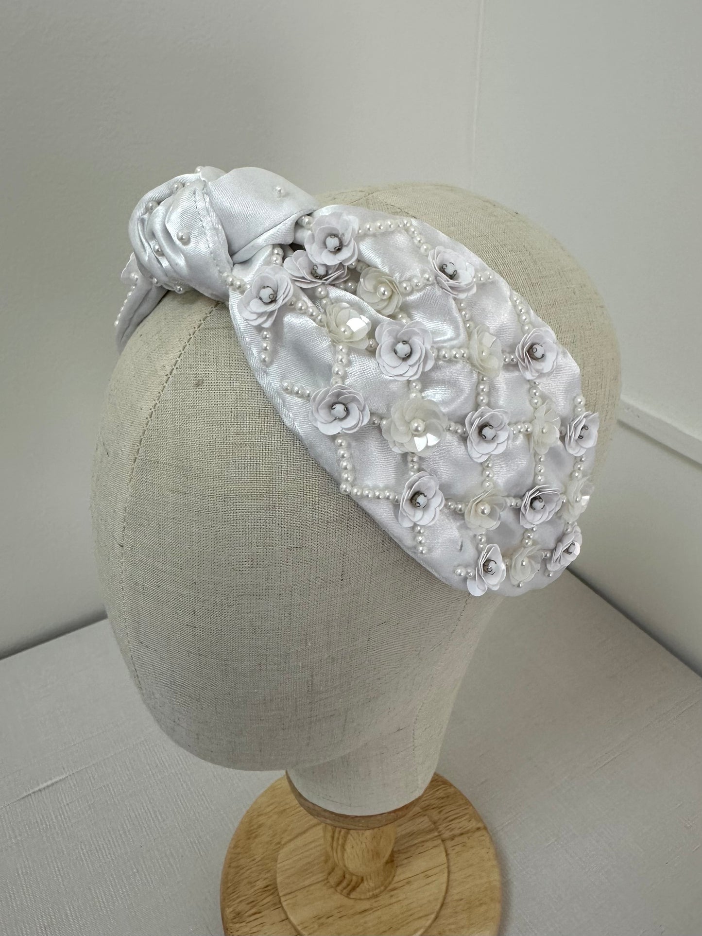 Bridal Headband with Sequin Flowers in White
