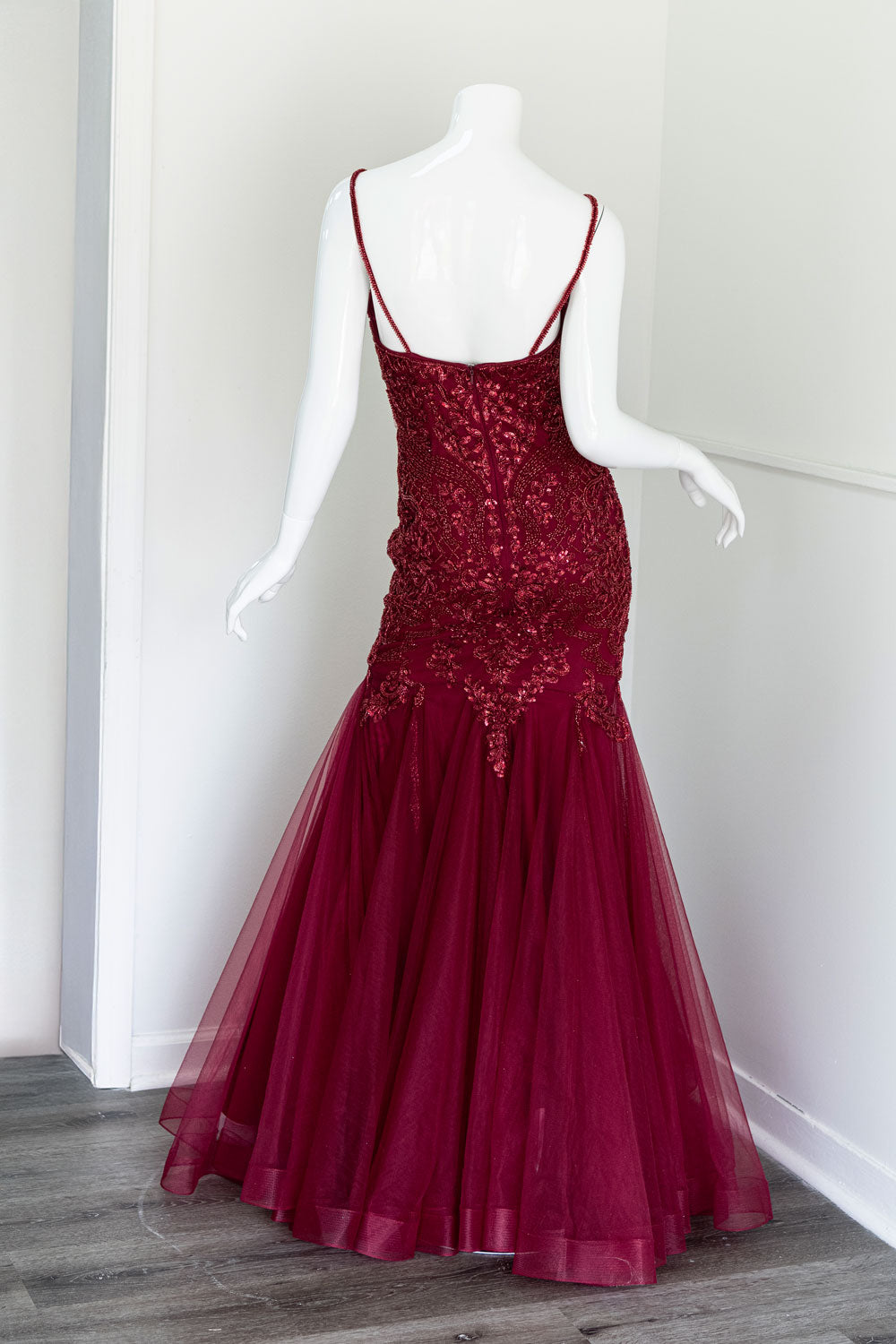 All Beaded Mermaid Evening Gown in Burgundy