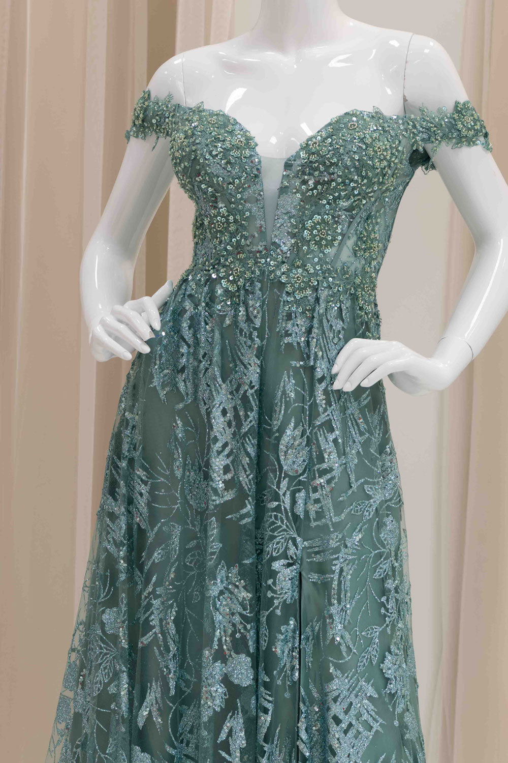 Sage Green Glitter Evening Gown