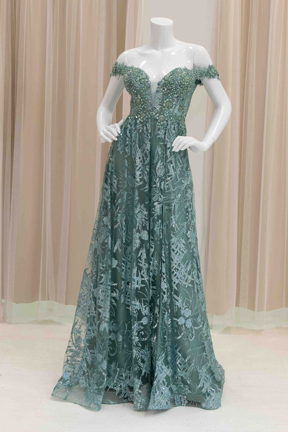 Off Shoulder Glitter Prom Dress in Sage Green