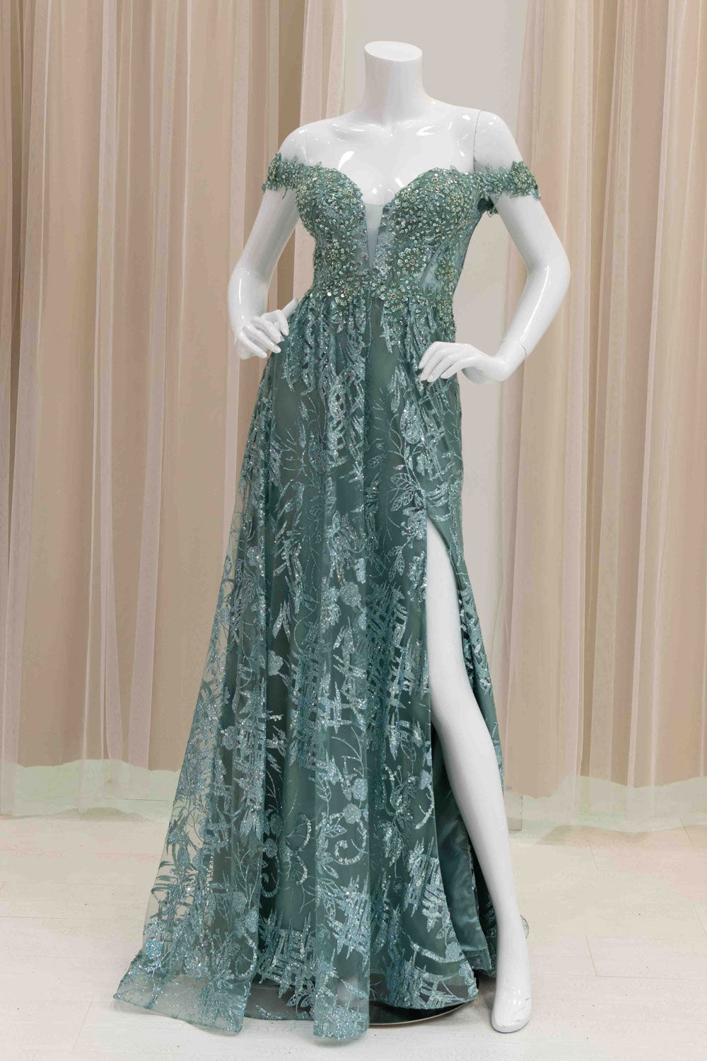 Off Shoulder Glitter A-line Gown in Sage Green