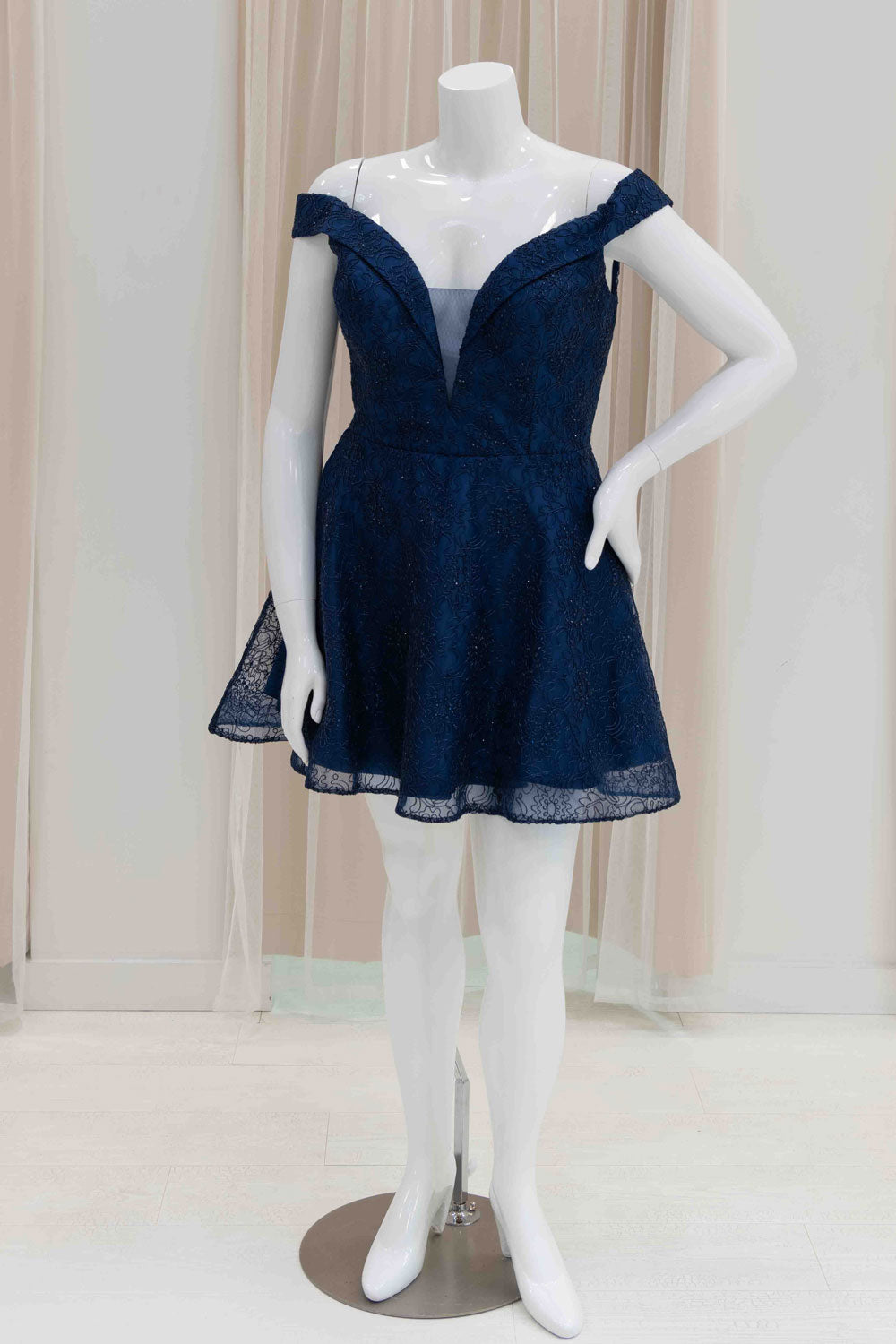 Off Shoulder Fit and Flare Short Dress in Navy Blue