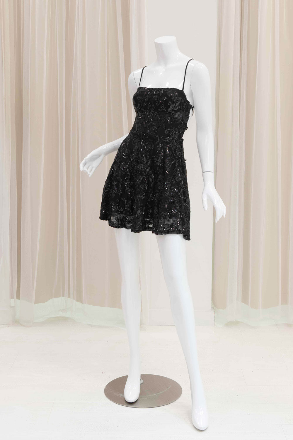 Black Tie Back Sequin Fit and Flare Dress