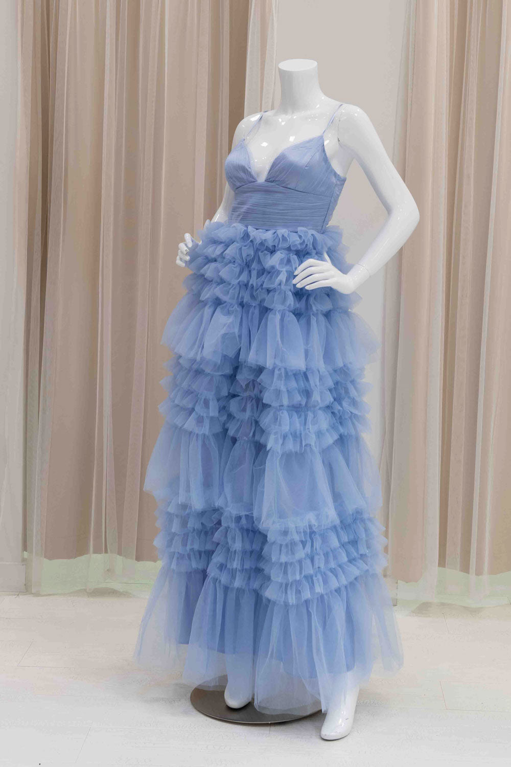 Ruffle Tiered Organza Ball Gown in Light Blue