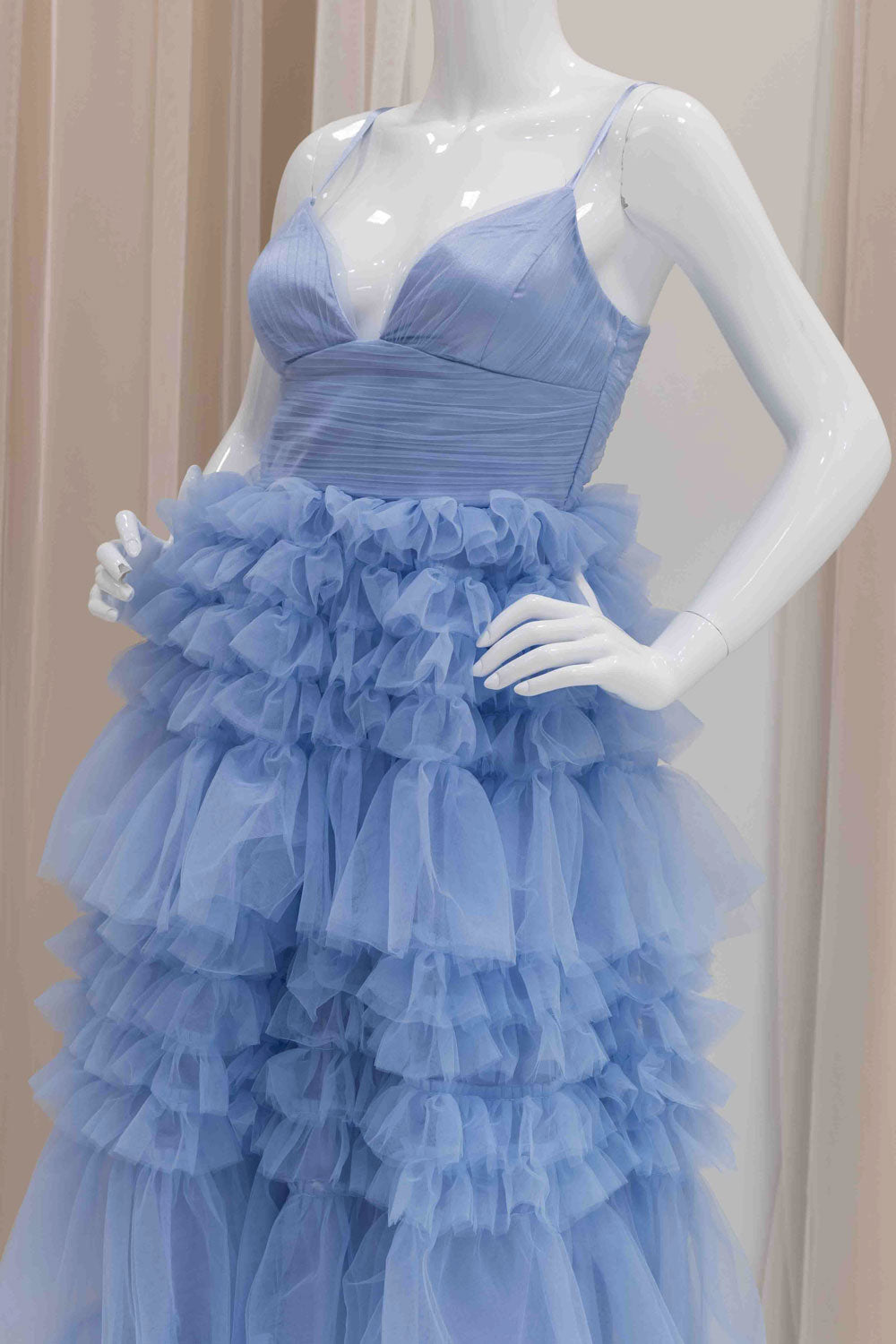 Ruffle Tiered Skirt Evening Gown in Light Blue
