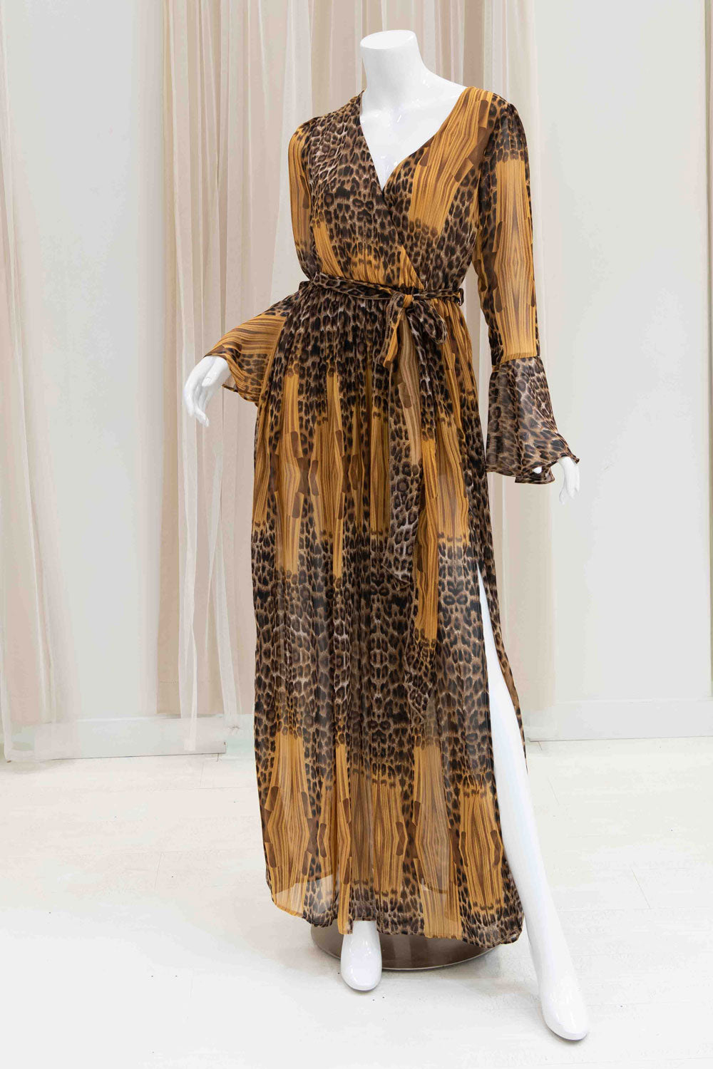 Chiffon Long Sleeve Animal Print Maxi Dress