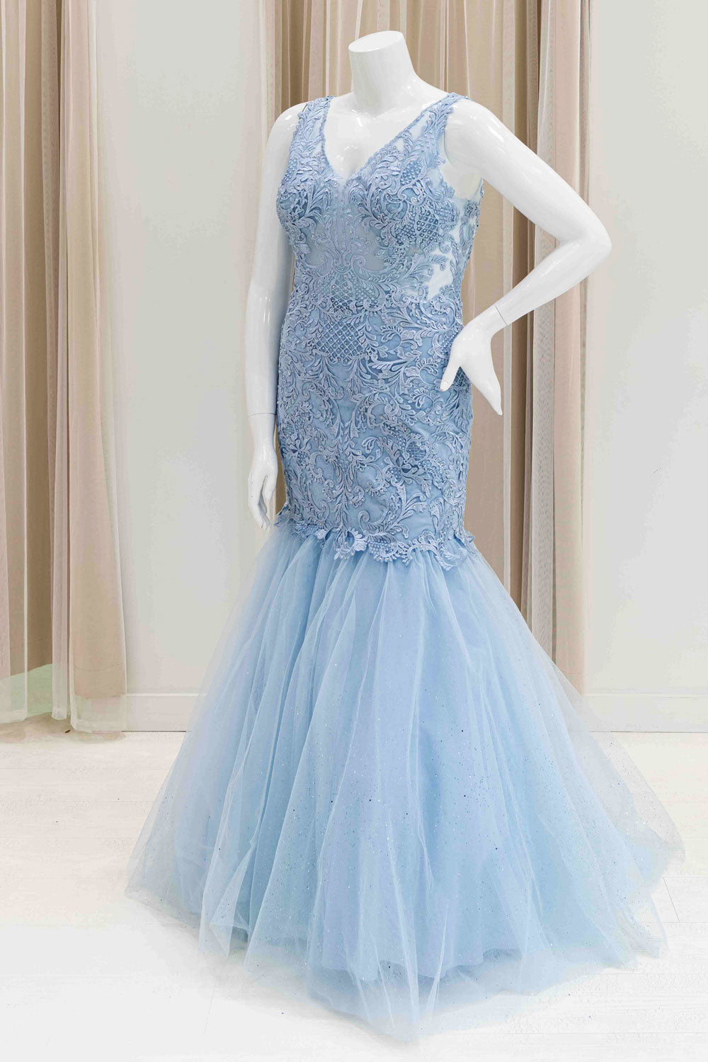 Ornate Embroidery Tulle Bottom Mermaid Evening Dress in Light Blue