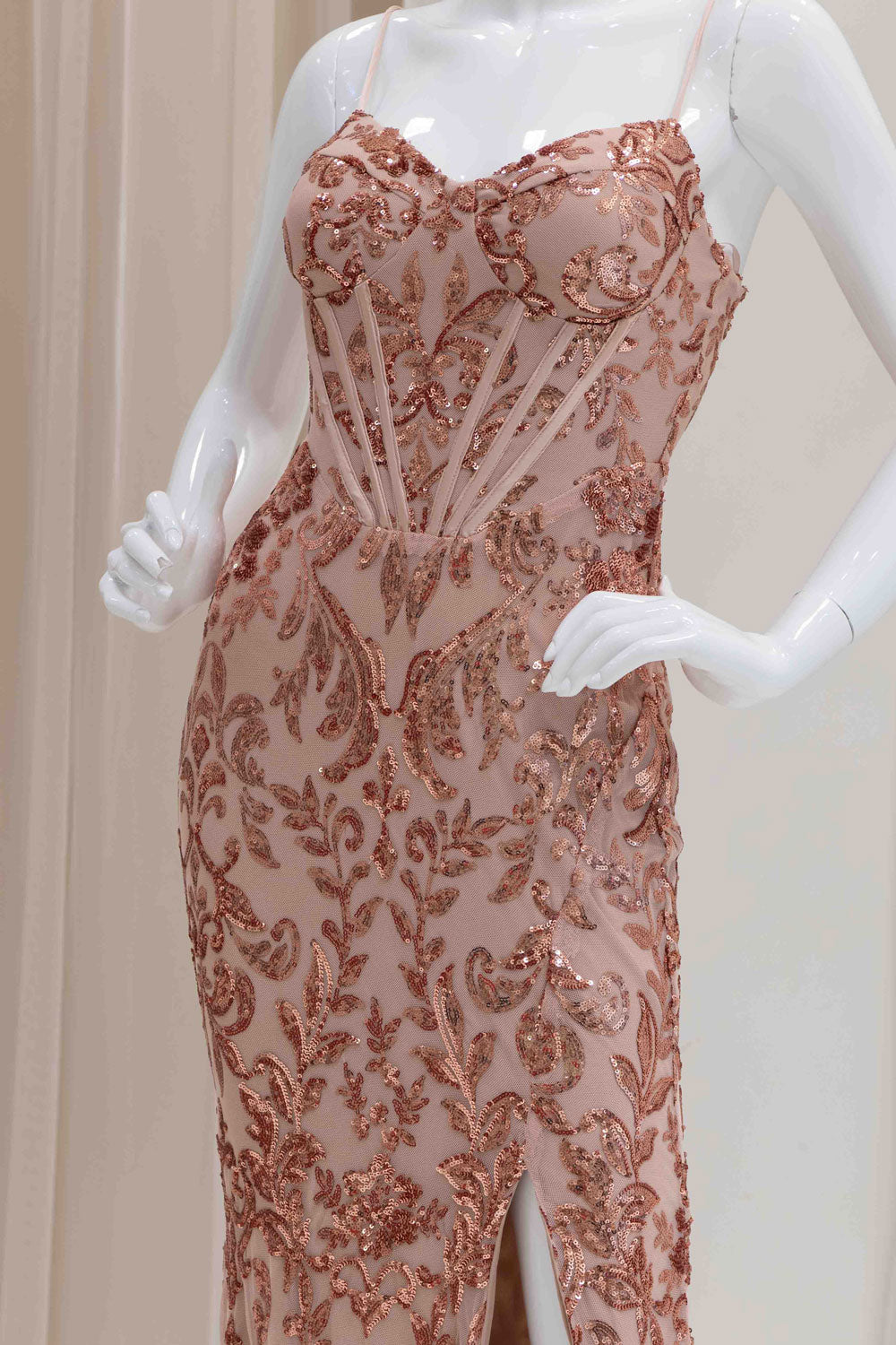 Sequin Stretch Evening Dress in Rose Gold
