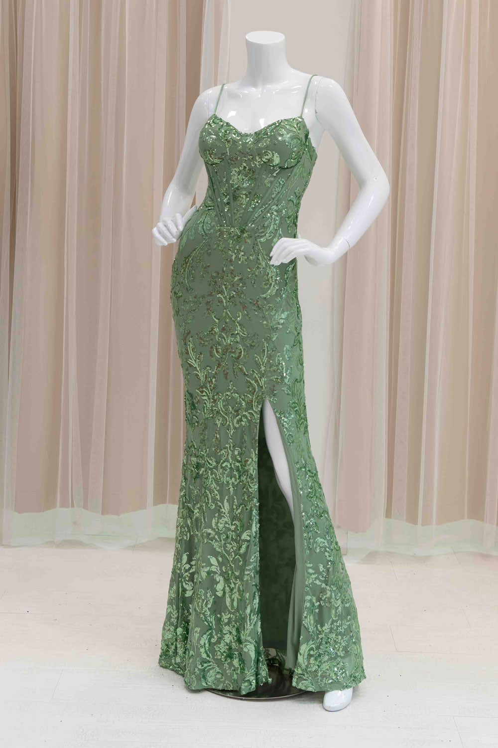 Sequin Corset Stretch Evening Gown in Sage Green