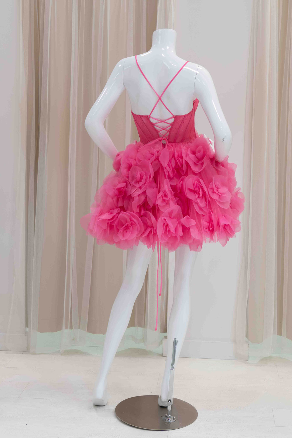 3D Rosettes Fit and Flare Short Dress in Hot Pink