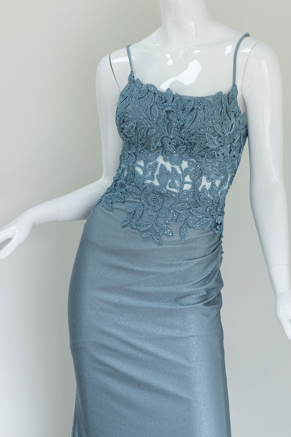 Applique Bodice Tie Back Evening Gown