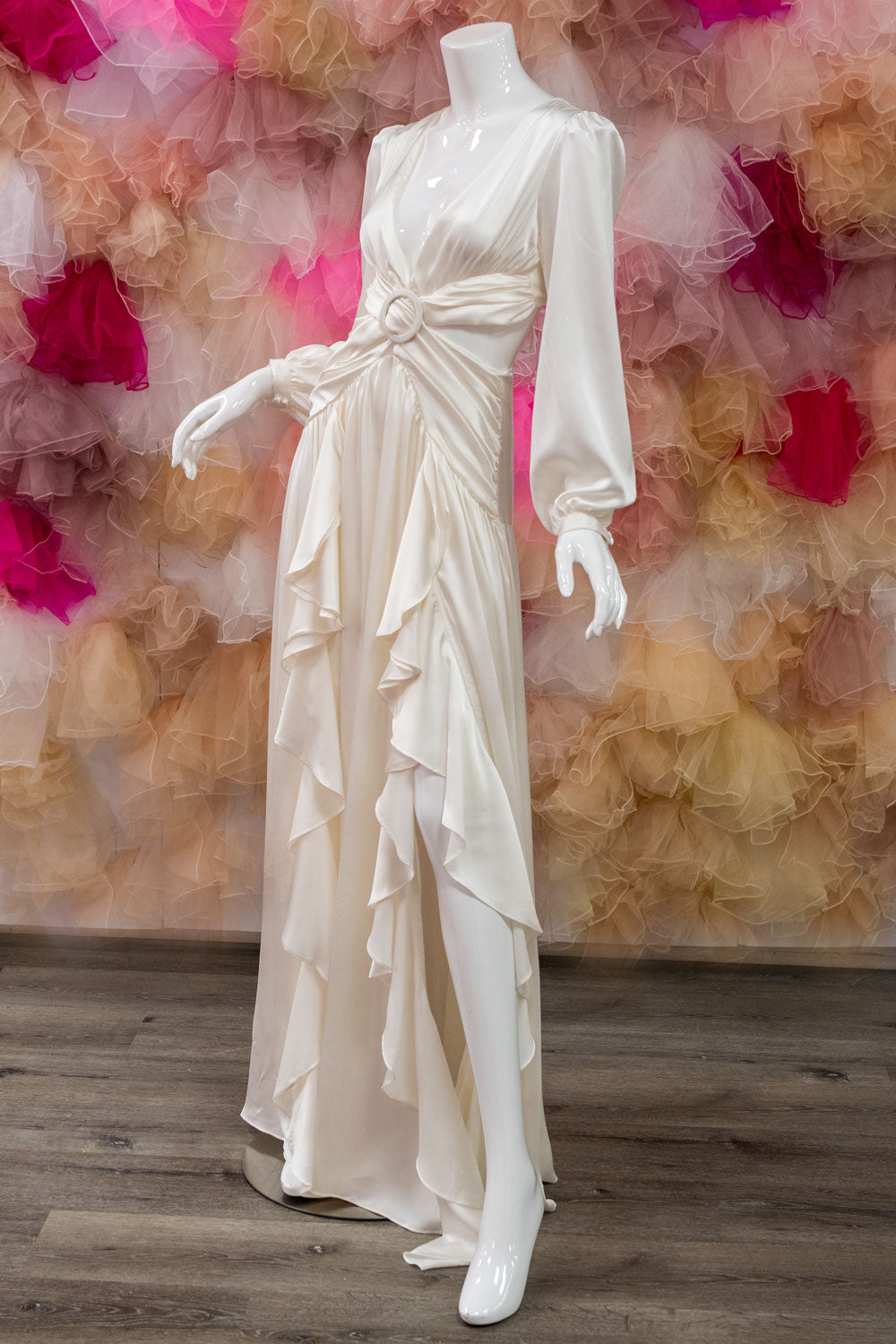 Satin Cut Out Ruffle Skirt Dress in Ivory
