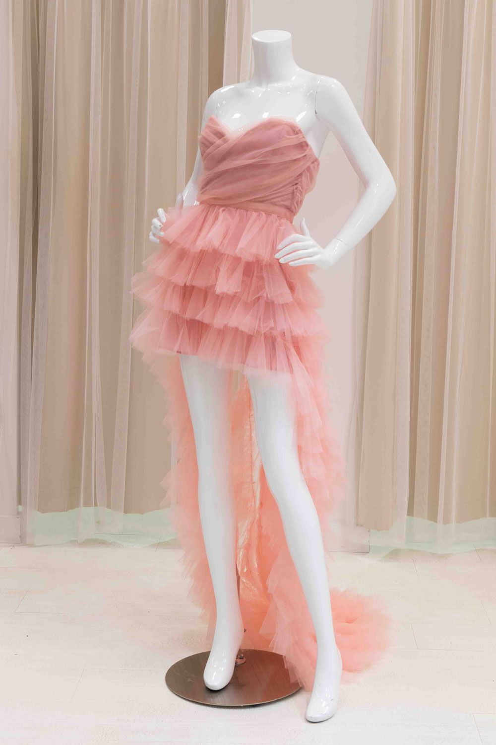 Peach Strapless Mini Dress with Train