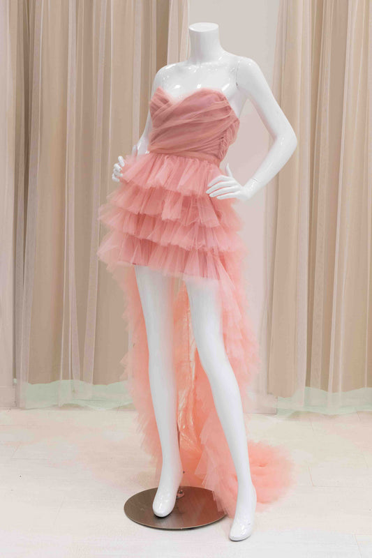 Peach Strapless Mini Dress with Train