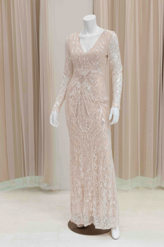 Long Sleeve Sequin Evening Gown in Ivory
