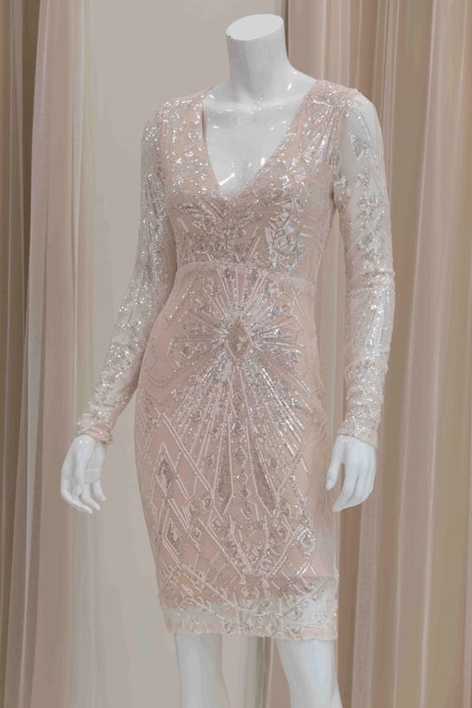 Long Sleeve Sequin Midi Dress in Ivory