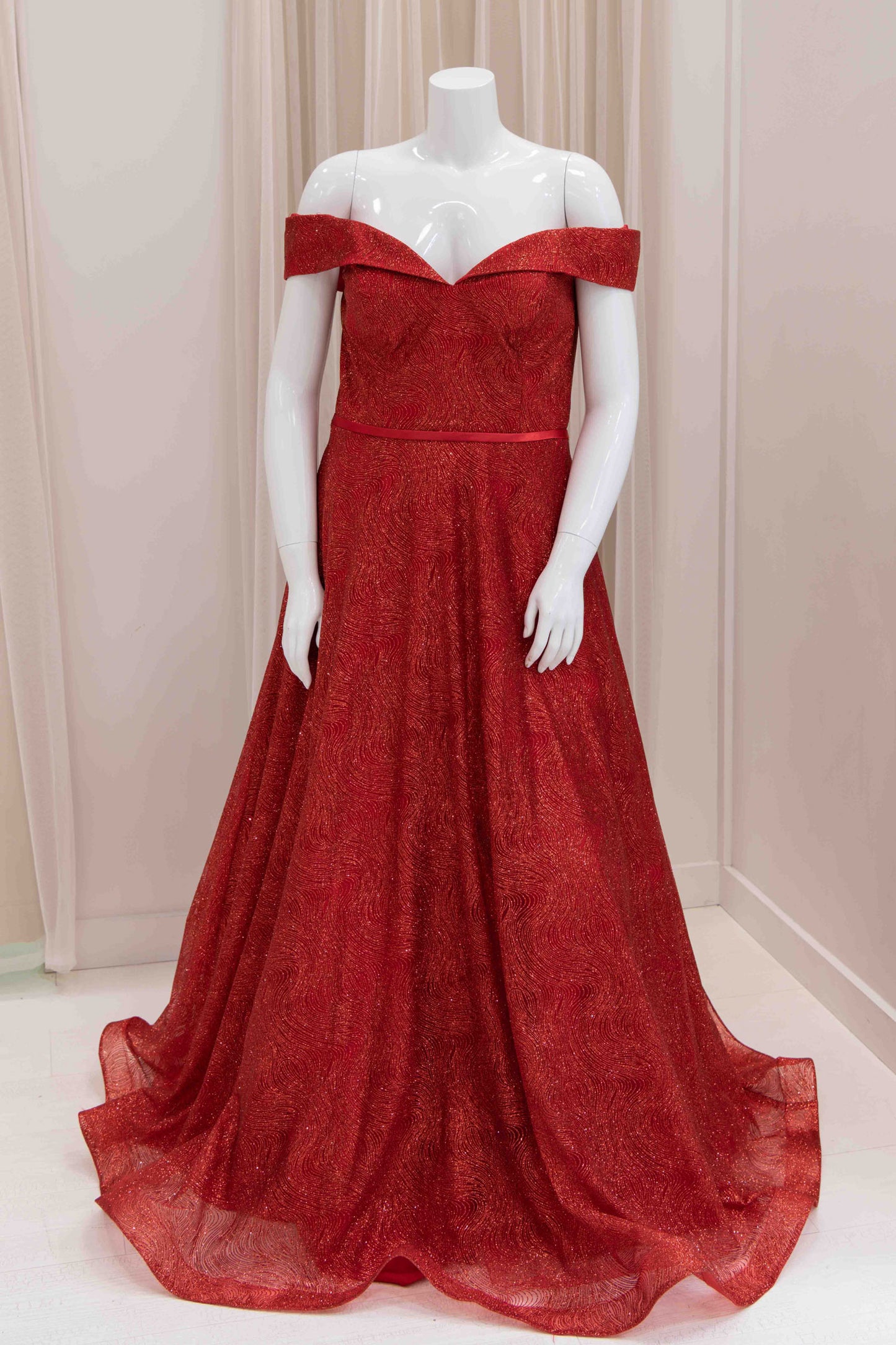 Annamarie Off Shoulder Glitter Ball Gown in Red