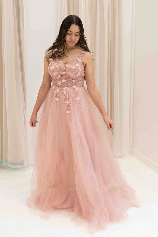 Aura 3D Flower Bodice Ball Gown in Pink