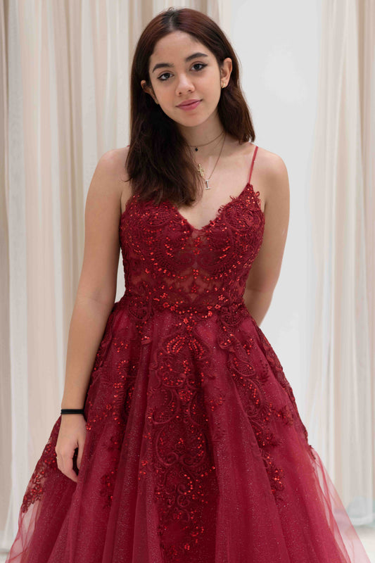 Charee Sequin Applique Evening Gown in Burgundy