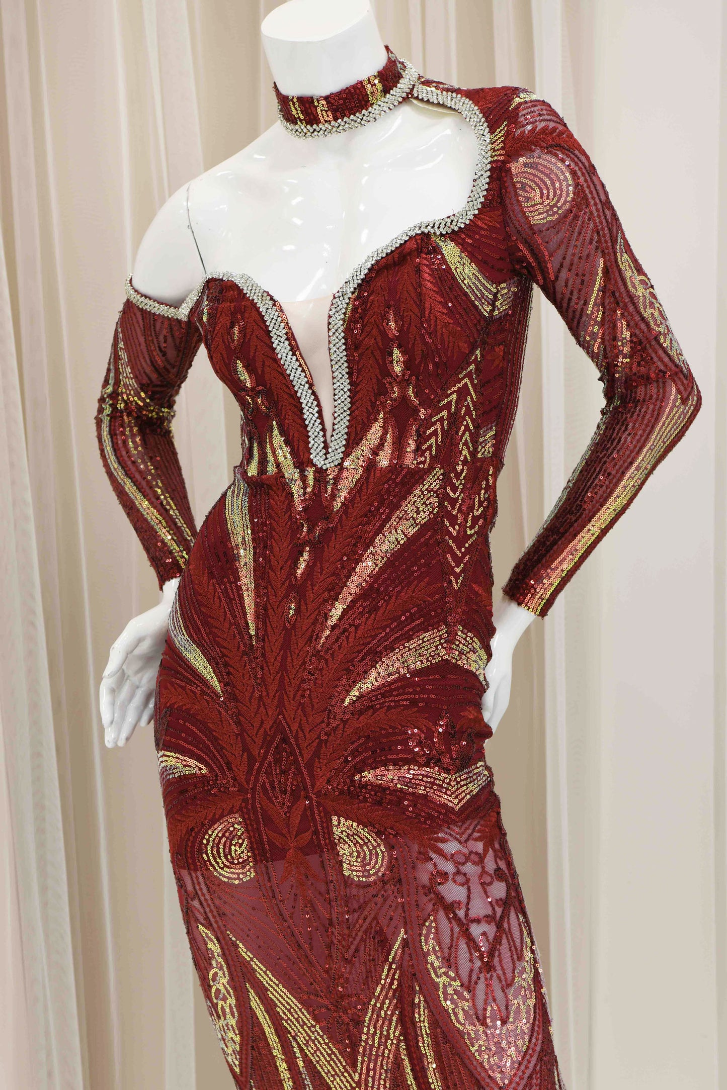 Daneira Sequin Evening Gown in Burgundy