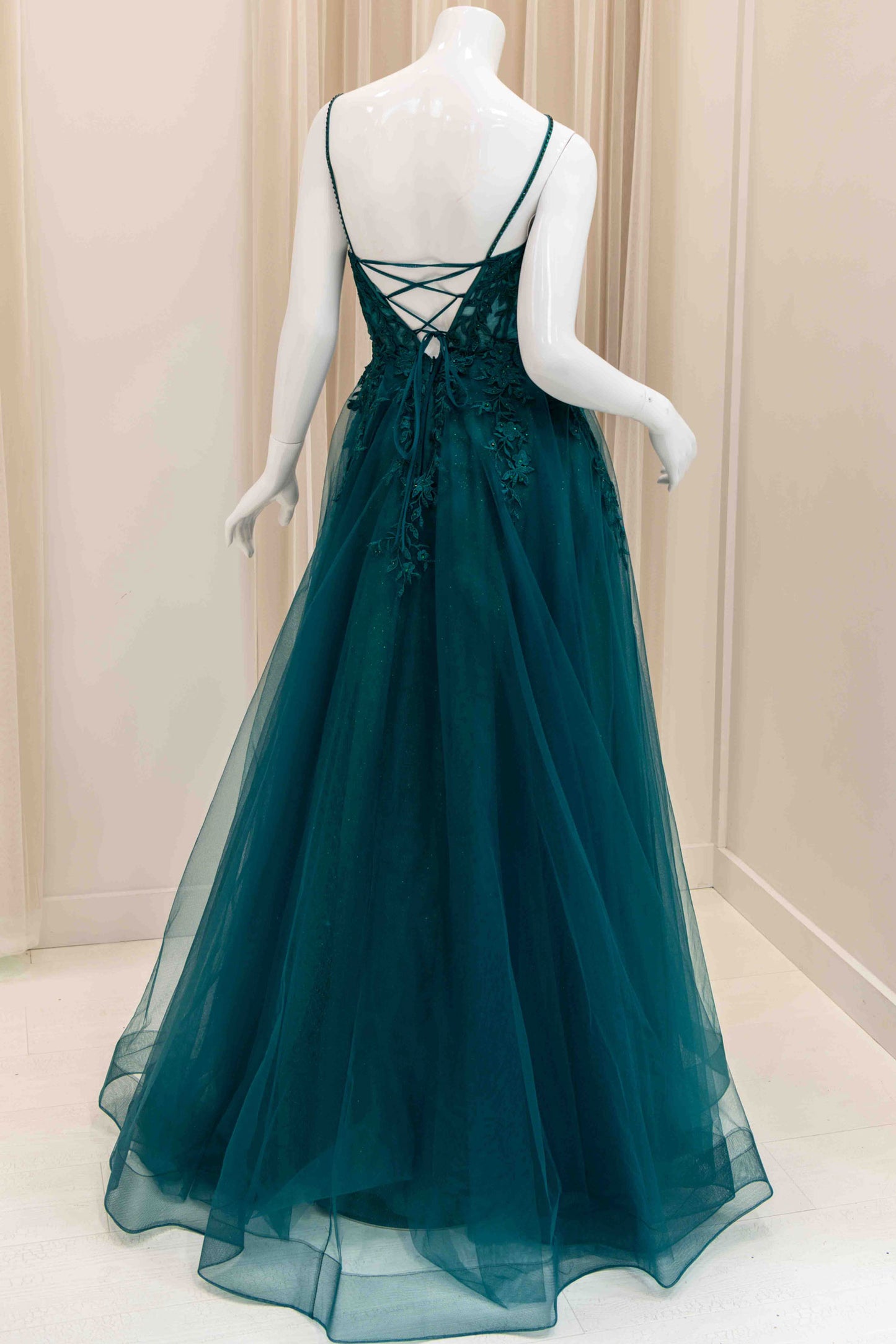 Darina Floral Applique Spaghetti Strap Ball Gown in Green