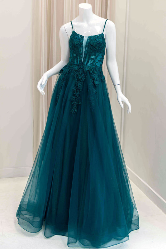Darina Floral Applique Spaghetti Strap Ball Gown in Green