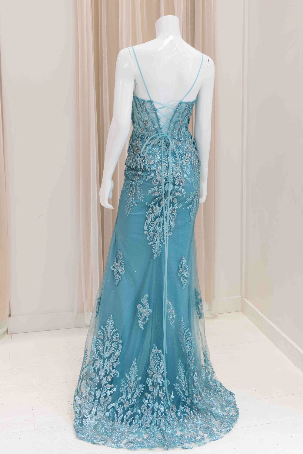 Darleena Lace Up Back Evening Gown in Sage Green