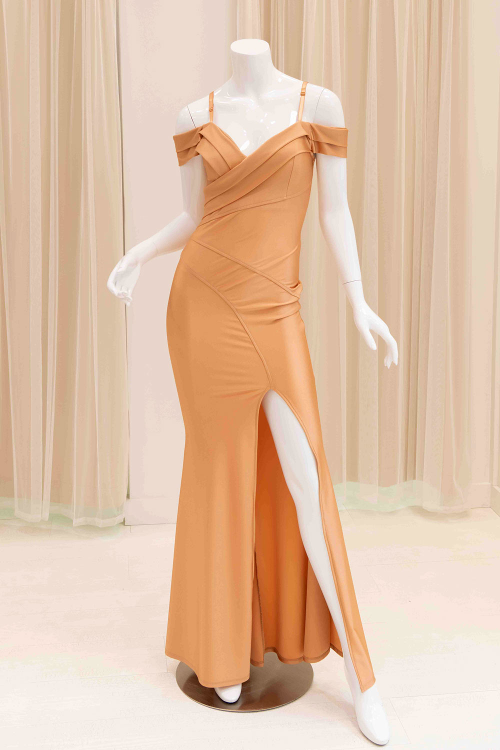 Daylinn Off Shoulder Evening Dress in Nude