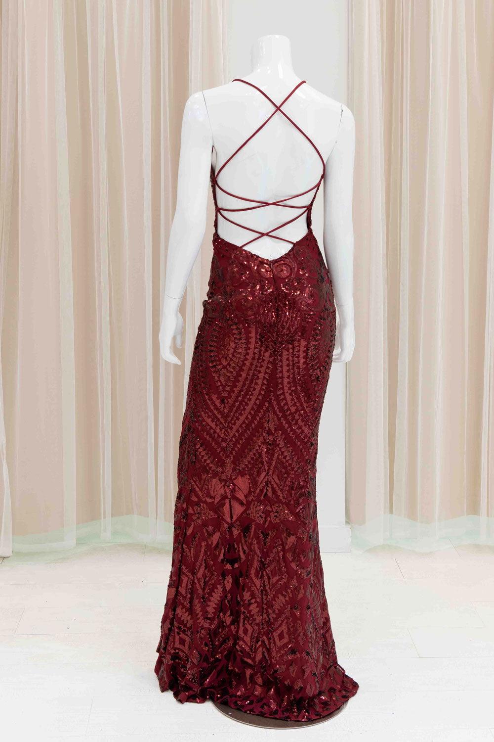 Eleni Sequin Evening Gown in Burgundy