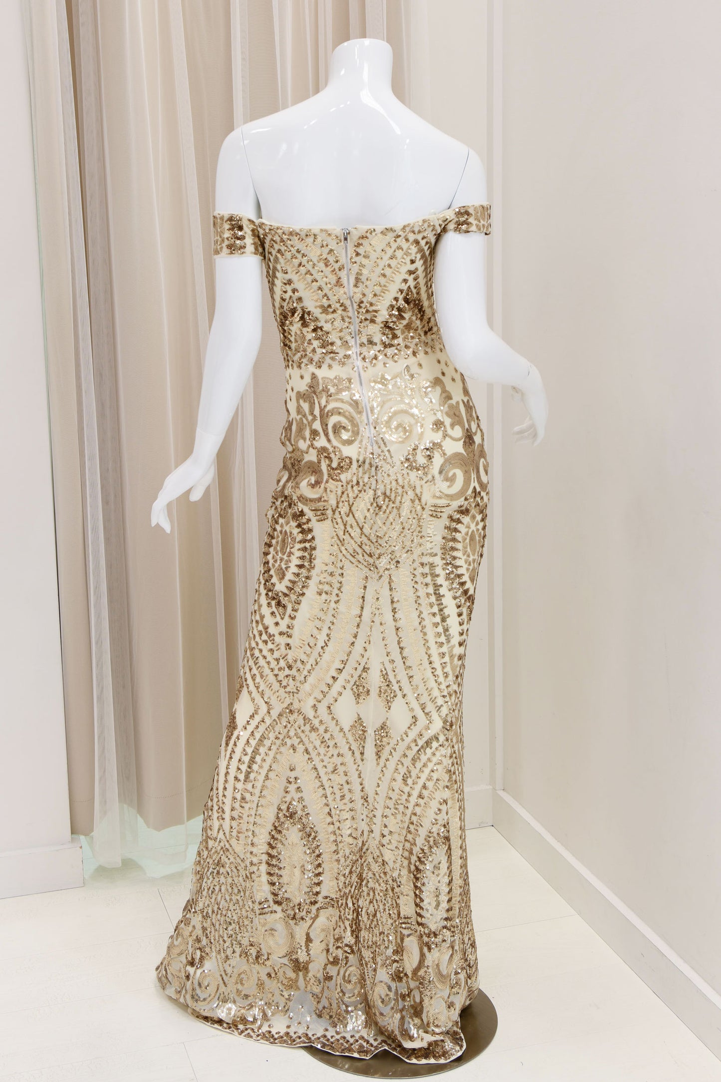 Elina Sequin Off Shoulder Evening Dress in Gold
