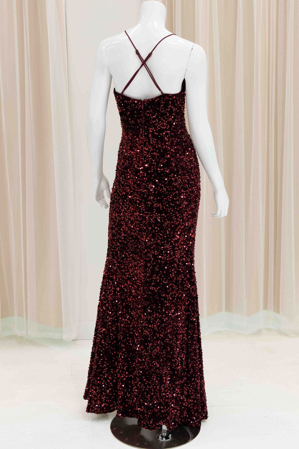 Elisa Sequin Velvet Evening Dress in Burgundy
