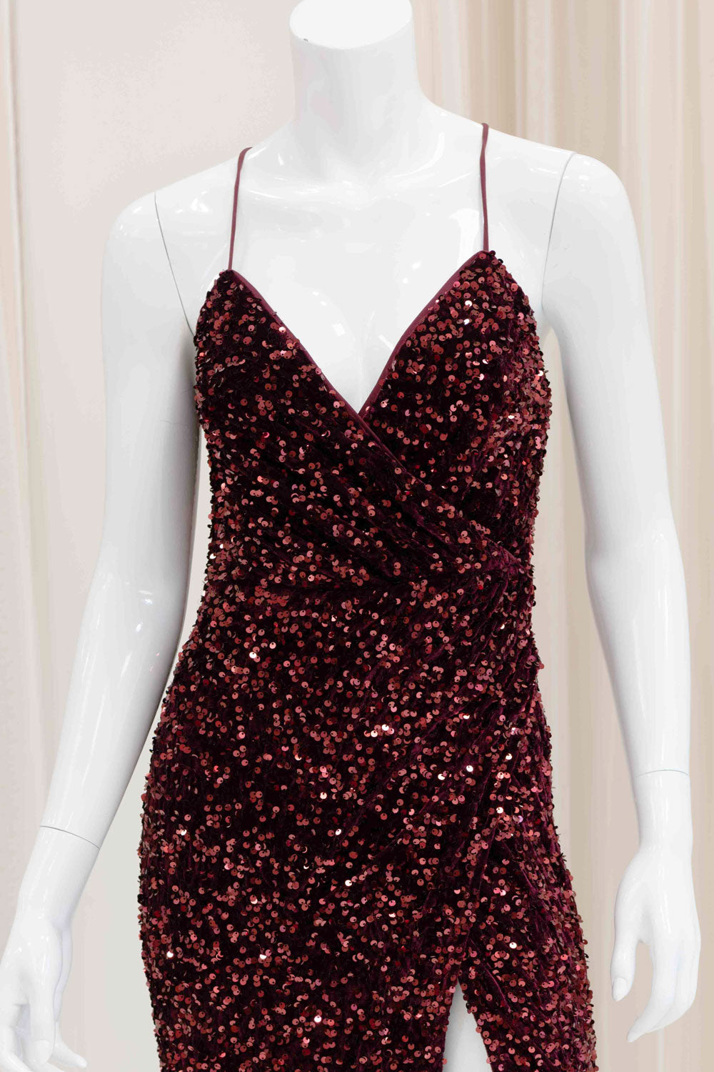 Elisa Sequin Velvet Evening Dress in Burgundy